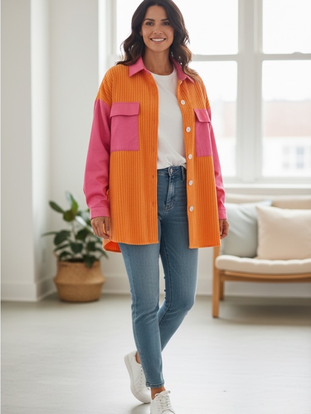 SHEIN Orange Knit Button-Down Shirt with Pink Sleeves & Pockets